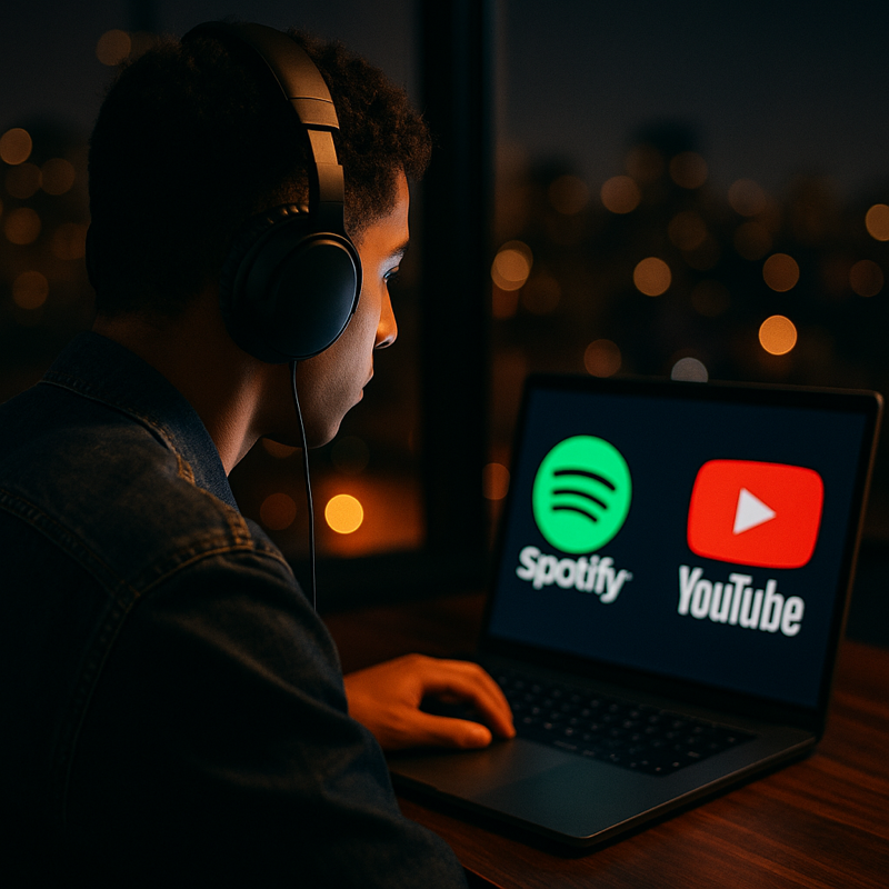 Artista urbano frente a una pantalla con Spotify y YouTube, representando el impacto del streaming
