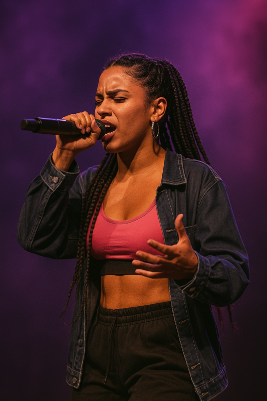 Artista urbana femenina en escenario o estudio, rompiendo estereotipos