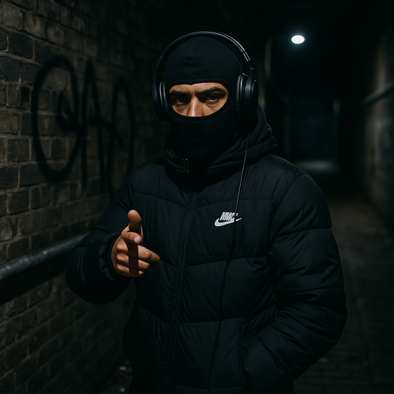 Artista de música urbana con estética drill en entorno callejero oscuro