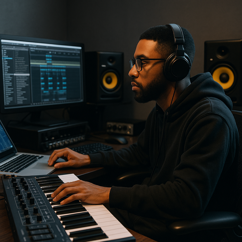 Productor urbano en estudio musical, creando beats para artistas del género urbano