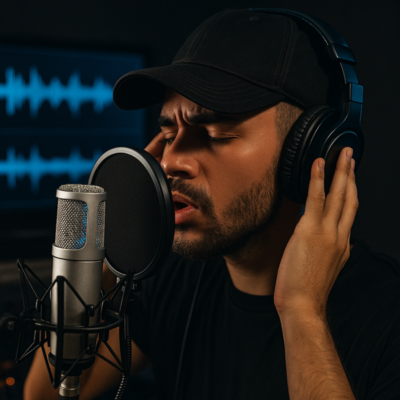 Artista urbano cantando en estudio con autotune, efectos vocales en directo, producción musical