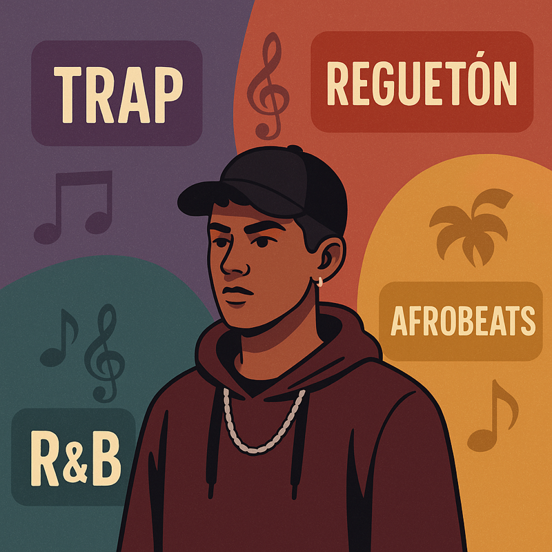 rtista urbano entre distintos géneros musicales, simbolizando la fusión de estilos
