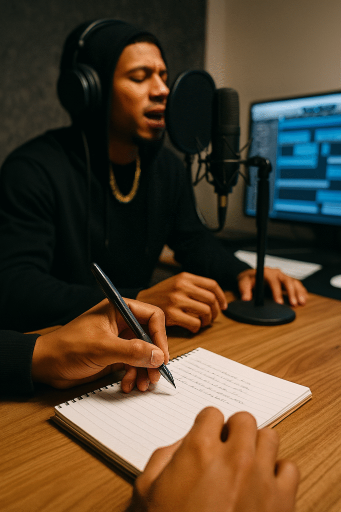Manos escribiendo letras de rap en un cuaderno, mientras otra persona canta en un estudio