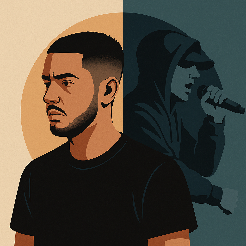 Artista urbano con dos reflejos opuestos, representando su personaje y su verdadero yo