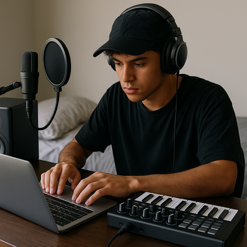 Artista urbano joven produciendo música en casa con ordenador, sin sello discográfico