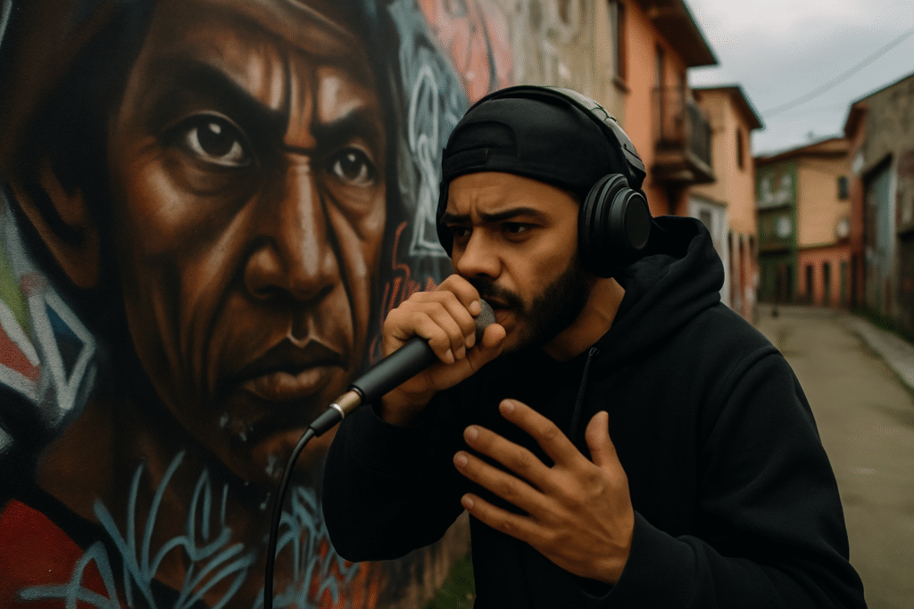 Artista urbano rapeando frente a un mural en un barrio popular, con expresión comprometida