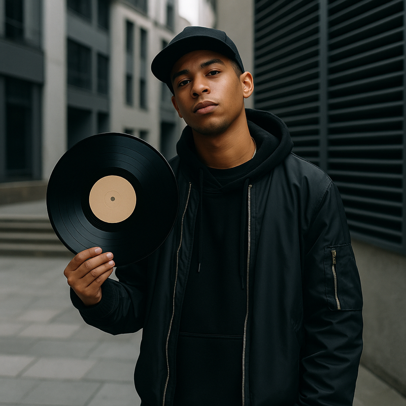 Artista urbano sosteniendo un vinilo en un entorno moderno, mezclando lo retro con lo digital