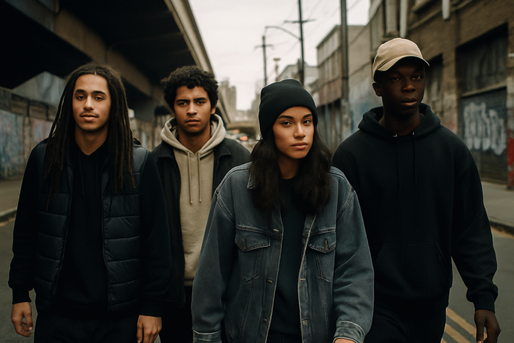 Grupo de jóvenes artistas urbanos caminando juntos por la ciudad, mostrando unidad e identidad colectiva