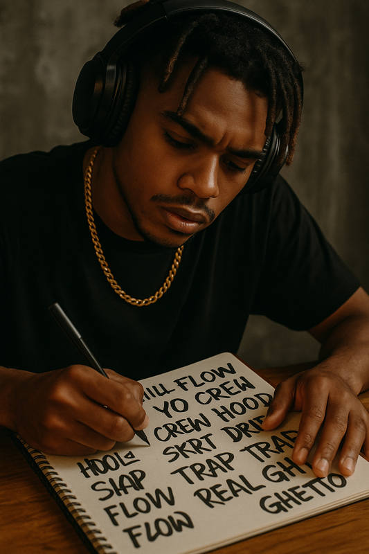 Artista urbano escribiendo letras con expresiones callejeras y slang en un cuaderno o pantalla