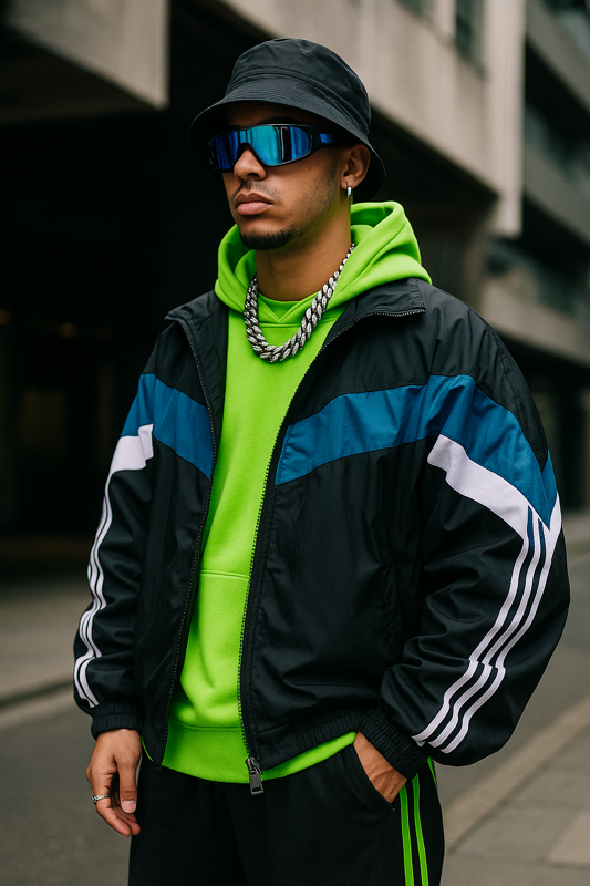 Artista urbano con outfit futurista, mezclando ropa deportiva, gafas tech y estética callejera