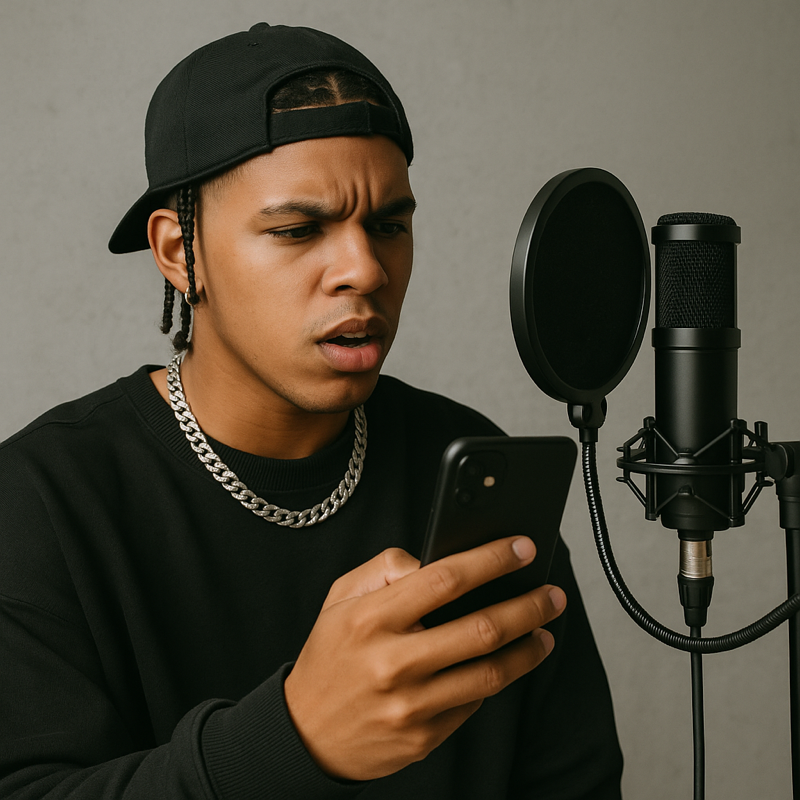 Artista urbano grabando un video para redes sociales, con micrófono y teléfono móvil