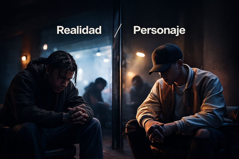 Ilustración conceptual sobre el conflicto entre la identidad real y el personaje en la música urbana