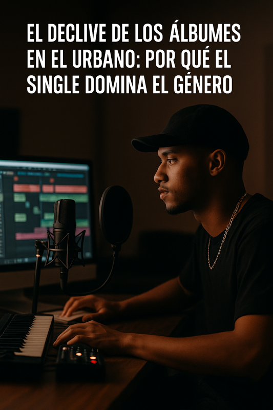 Artista urbano trabajando en un estudio mientras lanza música en formato single
