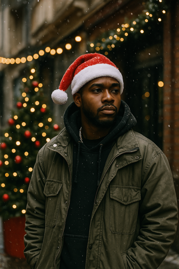 Artista urbano en un entorno invernal con estética navideña y streetwear