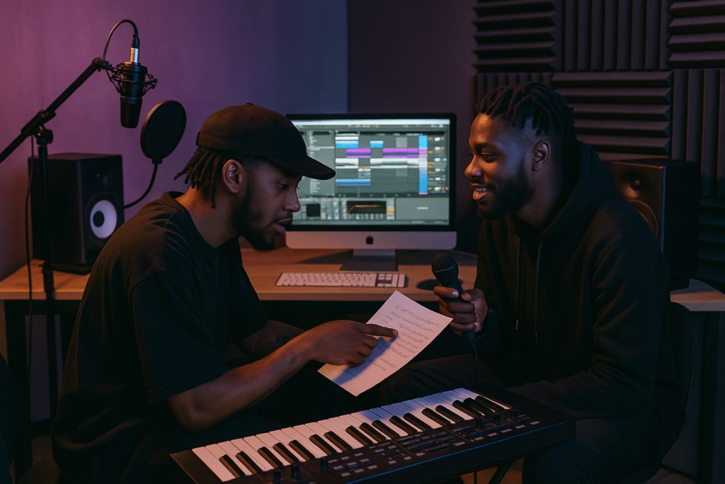 Dos artistas urbanos colaborando en un estudio moderno