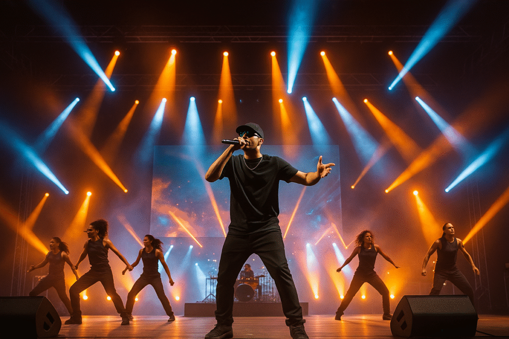 Concierto urbano con luces, bailarines y un escenario de gran formato