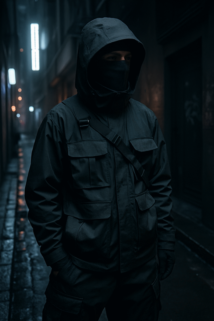 Artista urbano con ropa techwear en un entorno callejero y futurista
