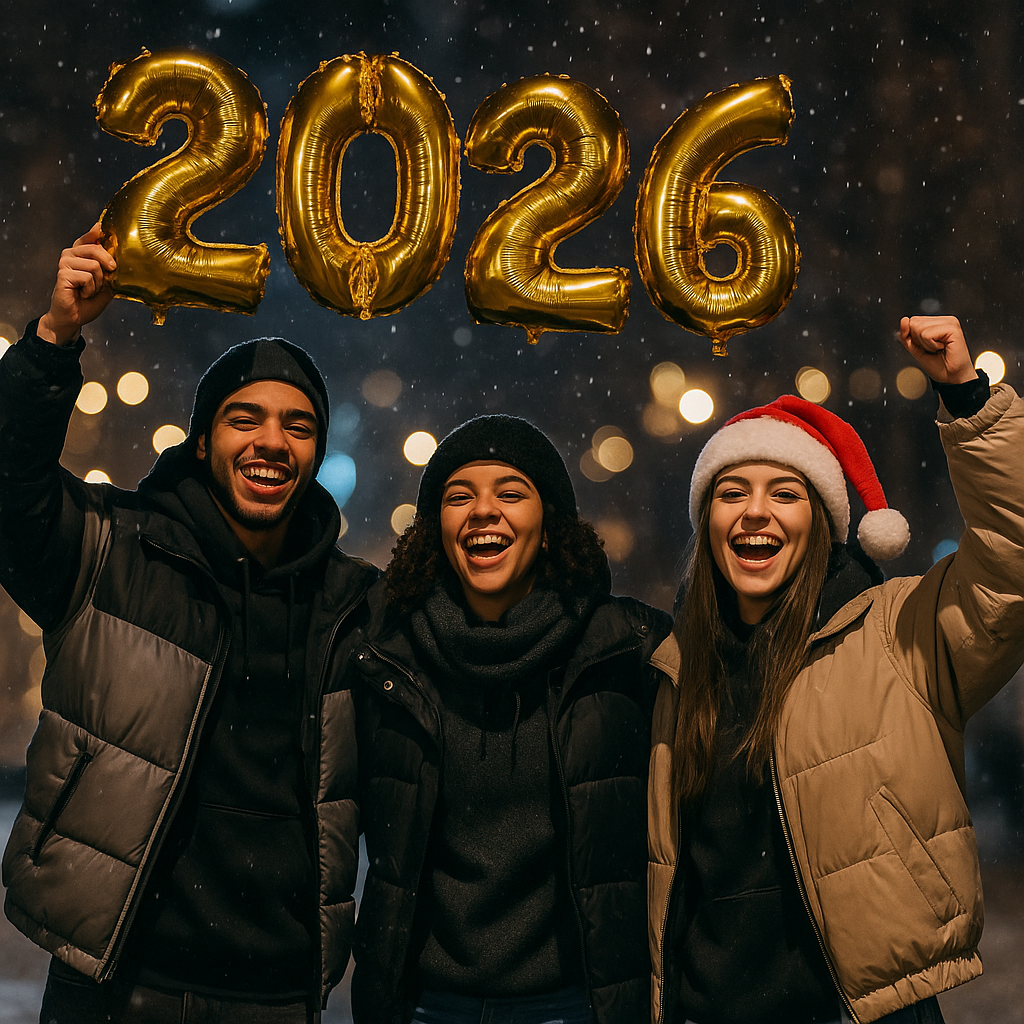 Jóvenes urbanos en un entorno nocturno e invernal celebrando el inicio de 2026