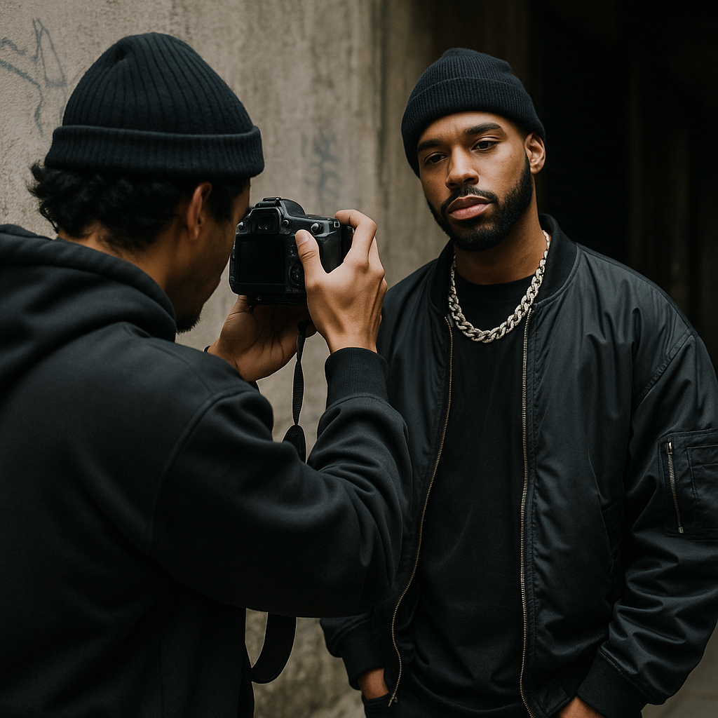 Fotógrafo capturando retrato urbano de un artista con estética street