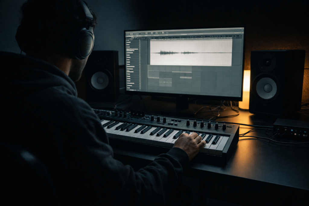 Productor trabajando en un beat minimalista en un estudio moderno