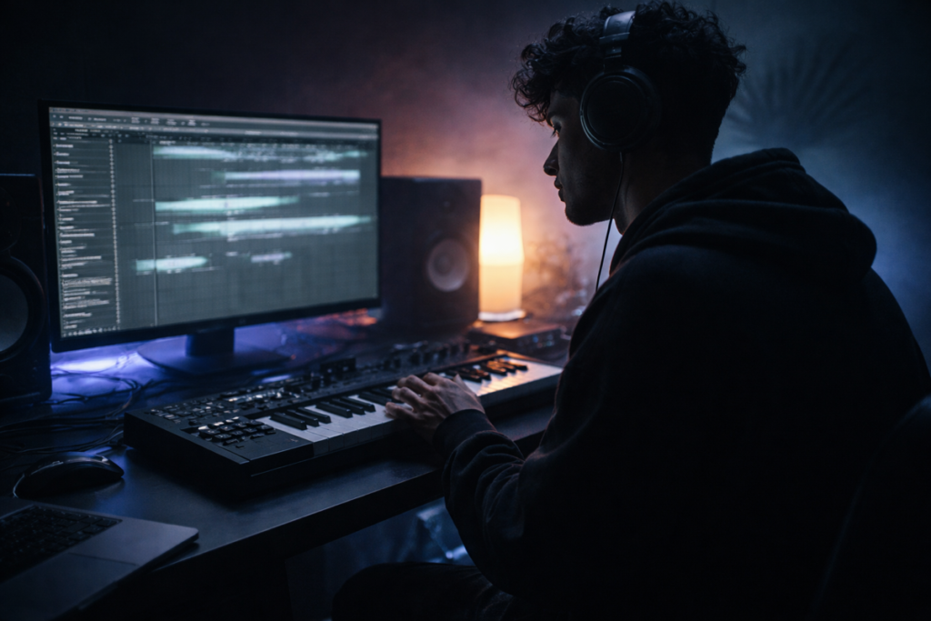 Productor creando música urbana atmosférica sin batería en estudio oscuro