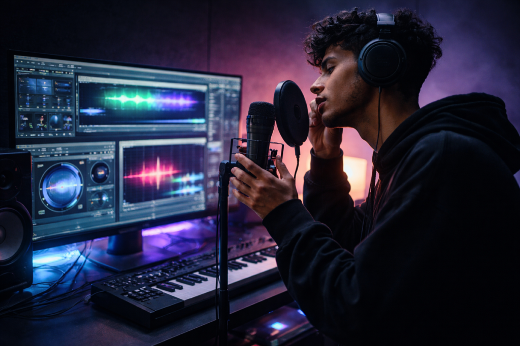 Artista urbano grabando voces con efectos y procesamiento digital en estudio moderno
