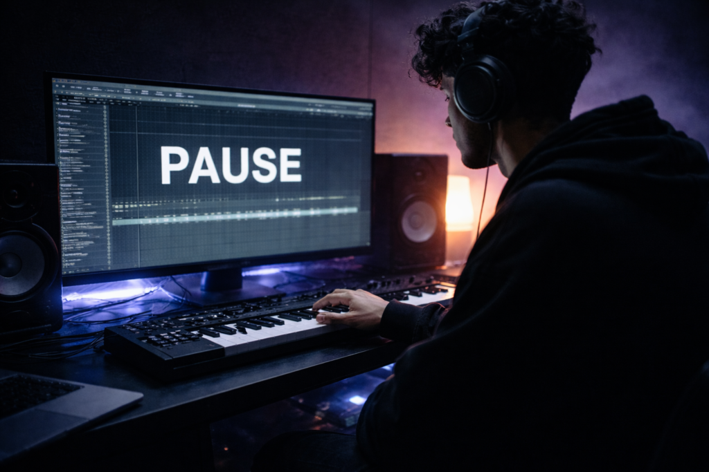 Productor en estudio deteniendo el beat para crear una pausa dramática