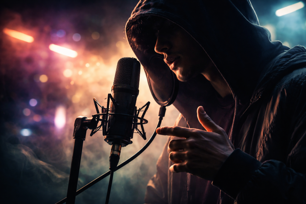 Artista urbano hablando frente al micrófono antes de empezar a cantar en el estudio
