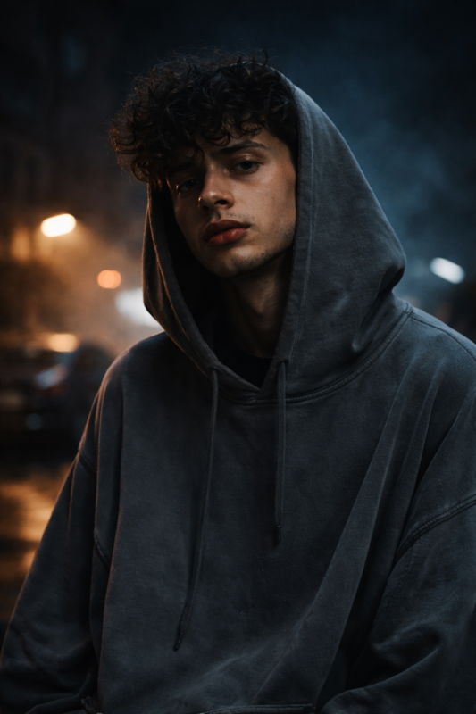 Joven artista urbano con ojeras y ropa oversize en ambiente nocturno melancólico