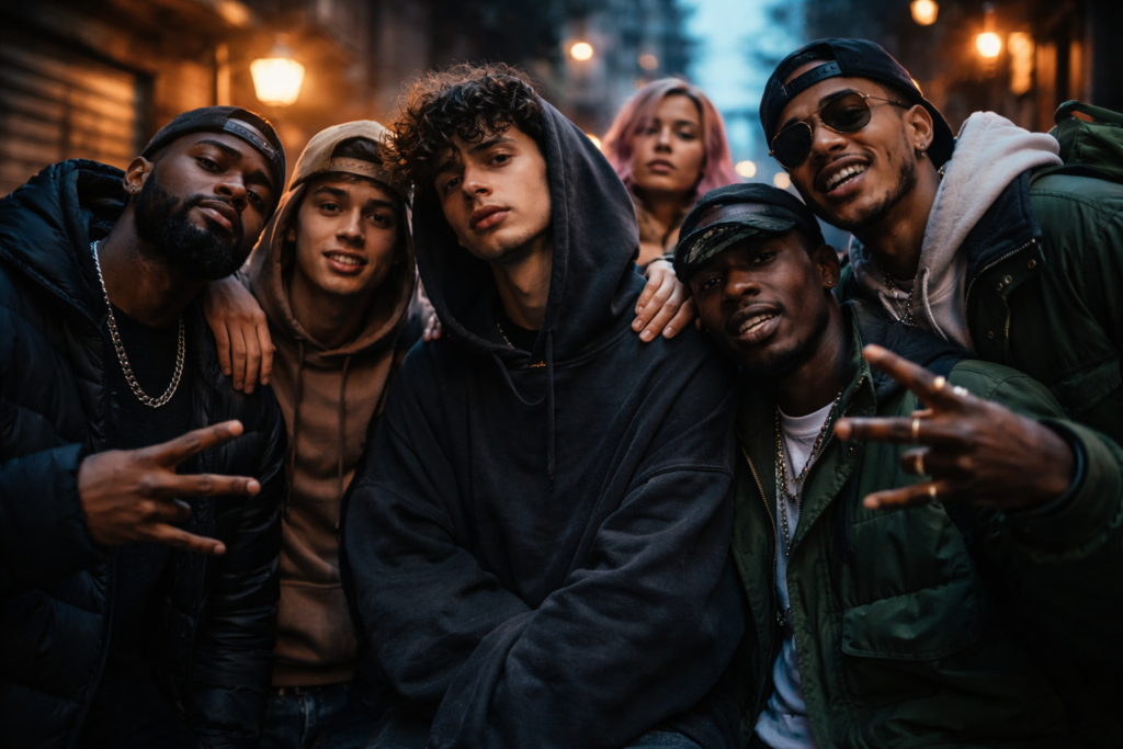 Grupo de artistas urbanos juntos en entorno callejero mostrando unión y estilo compartido