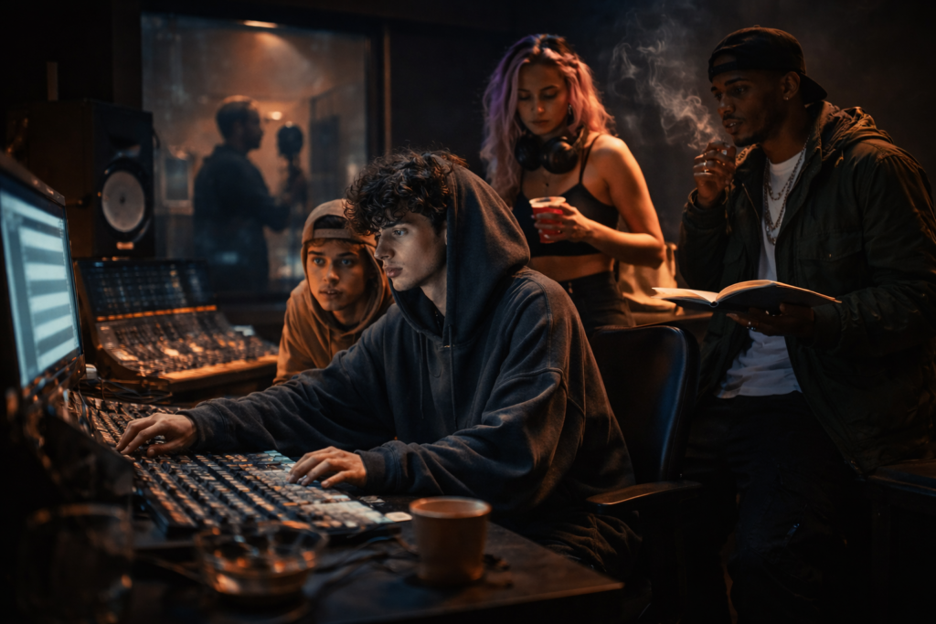 Artistas trabajando de noche en un estudio con luces bajas y ambiente creativo