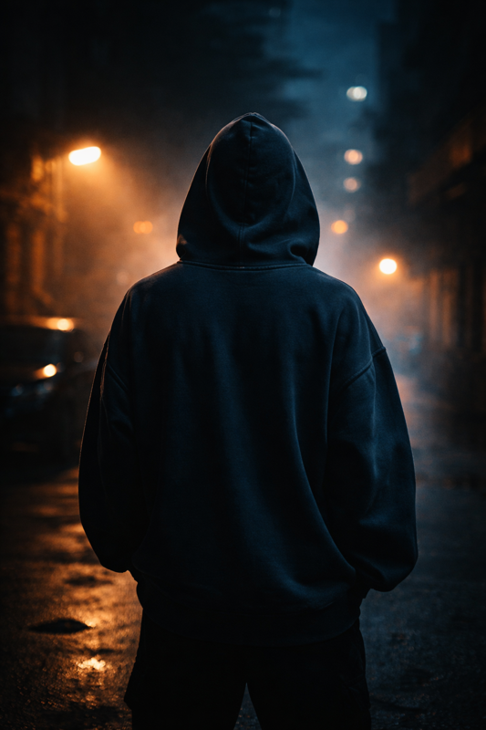 Figura urbana de espaldas bajo luz tenue transmitiendo anonimato y misterio