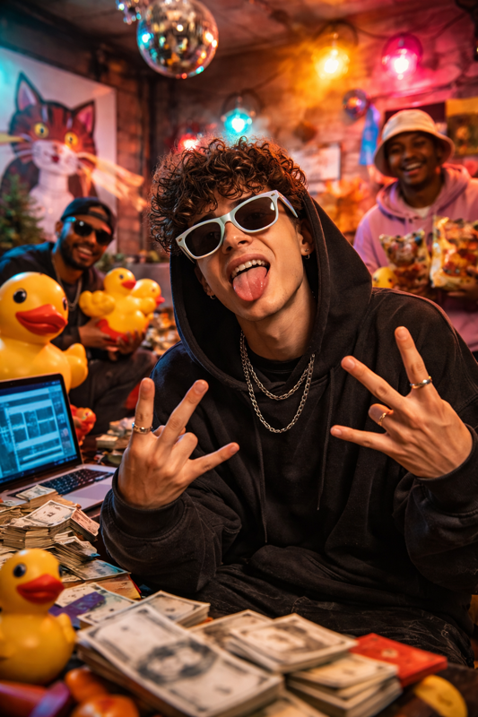 Artista urbano en una escena creativa y colorida con expresión divertida y estética inspirada en memes