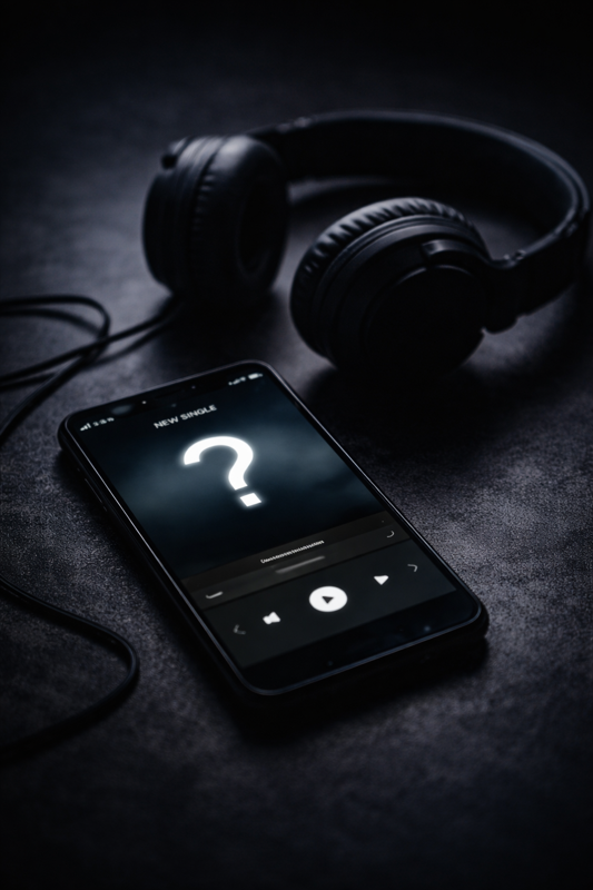 Escena minimalista con auriculares y móvil mostrando un lanzamiento sorpresa sin anuncio previo