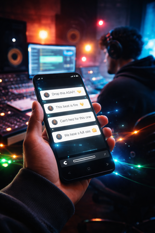 Pantalla de móvil con comentarios de fans mientras un artista trabaja en música en el estudio
