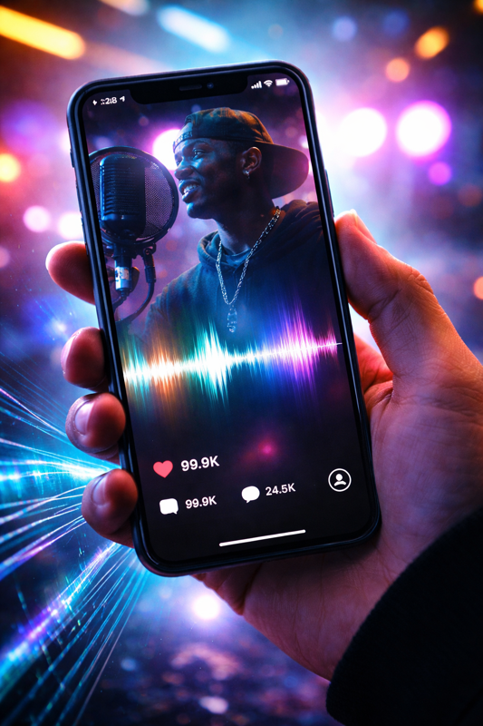 Móvil mostrando un fragmento de canción con ondas de sonido y reacciones en redes sociales