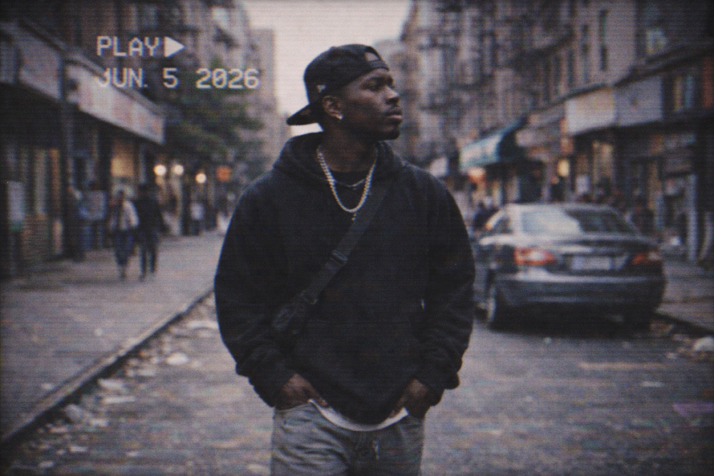 Escena urbana grabada con efecto VHS, grano visible y colores retro